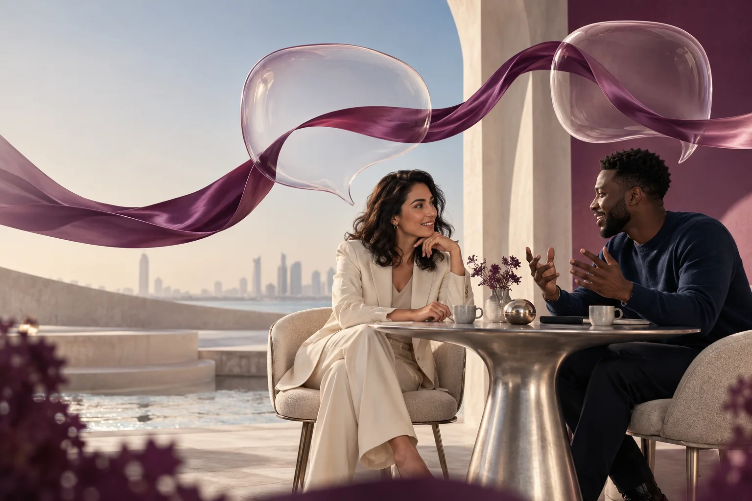 Two people sharing an animated conversation at a café table