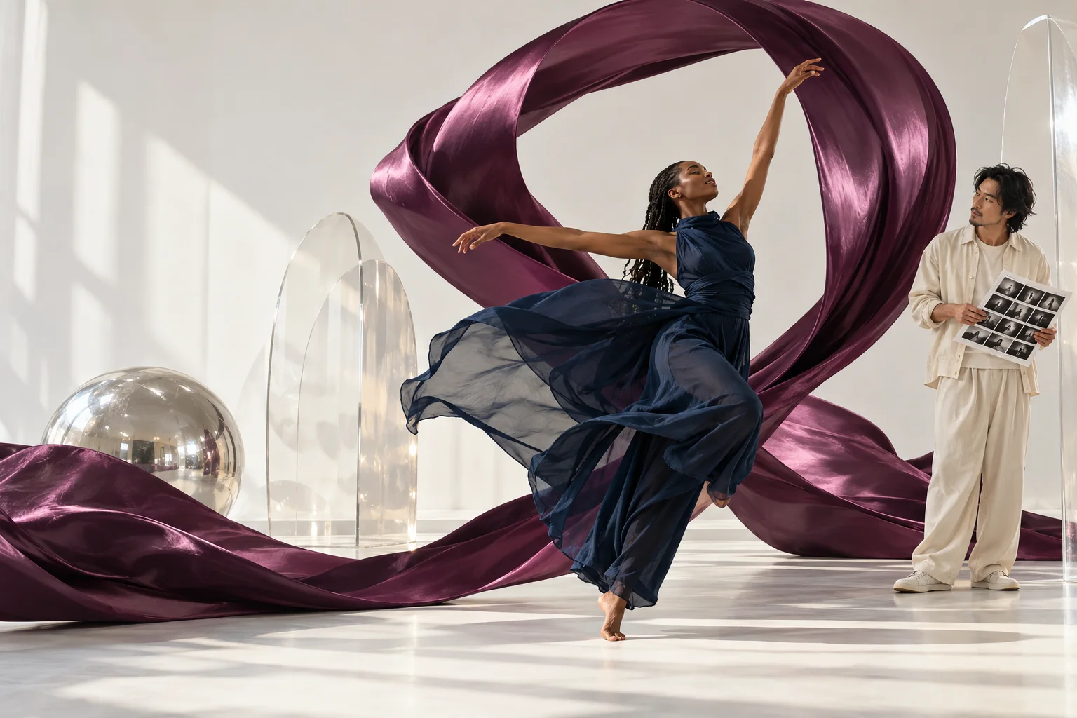 A dancer and creative director exploring movement in a sculptural studio