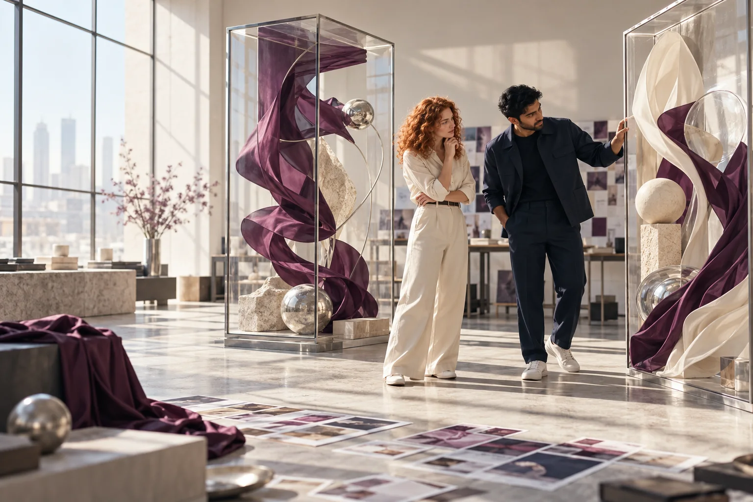 Two creatives comparing alternative arrangements in translucent frames