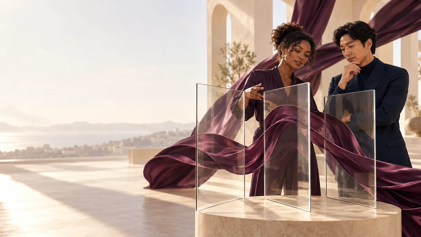 Two people exploring ideas through glass panels and flowing plum fabric