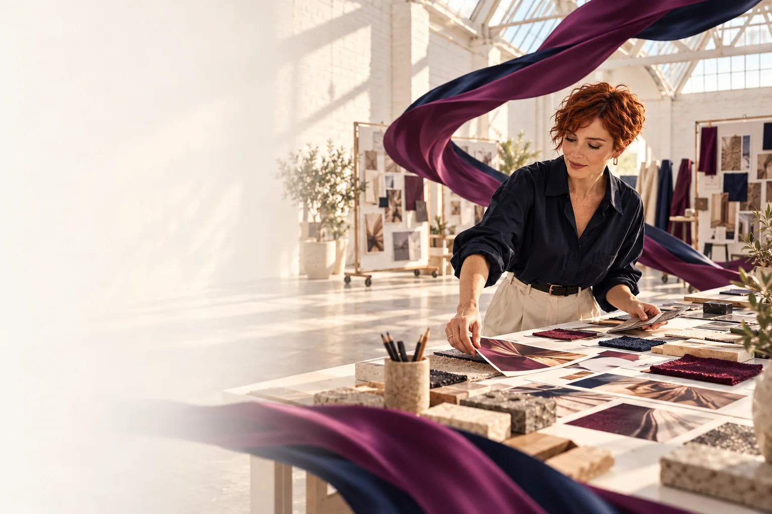 A creative director arranging tactile campaign materials in a light-filled atelier
