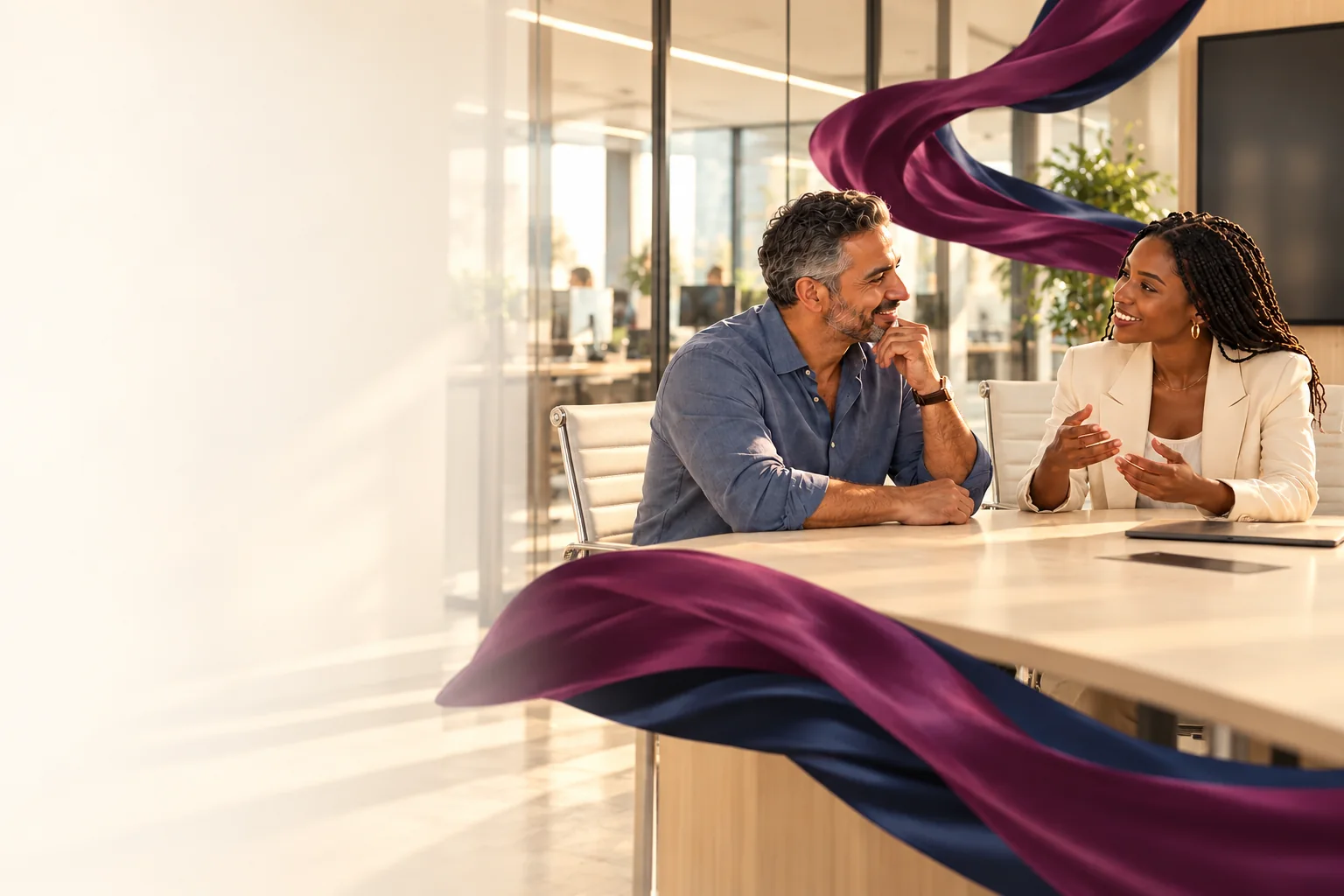 Two people in a professional client meeting framed by flowing fabric