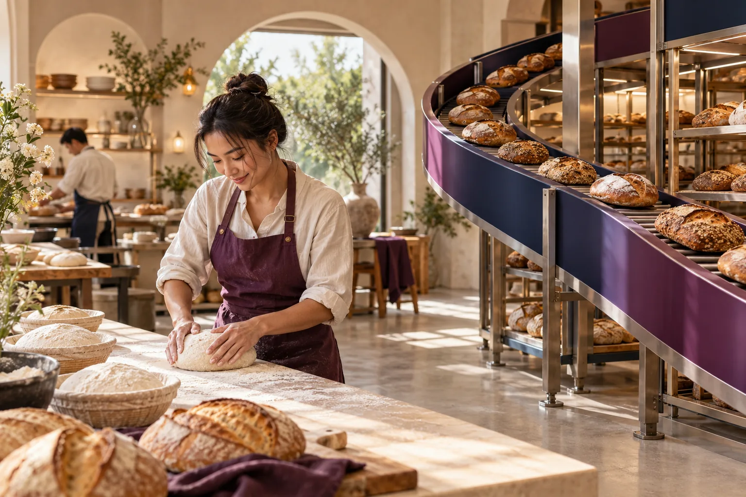A baker focuses on hand shaping while a quiet conveyor moves finished loaves.