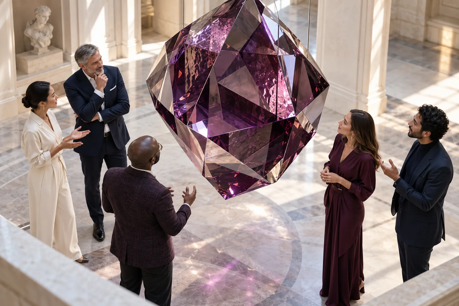 A diverse group examines different facets of one suspended glass sculpture.