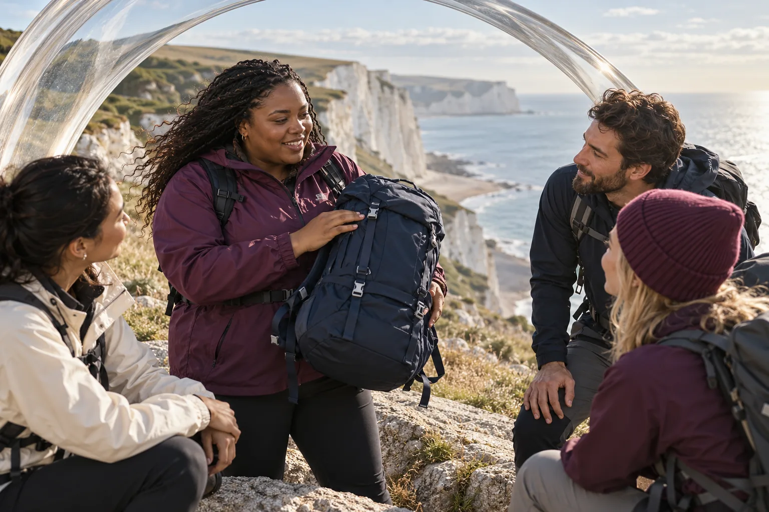 An outdoor creator demonstrates a useful backpack to a small engaged hiking group.