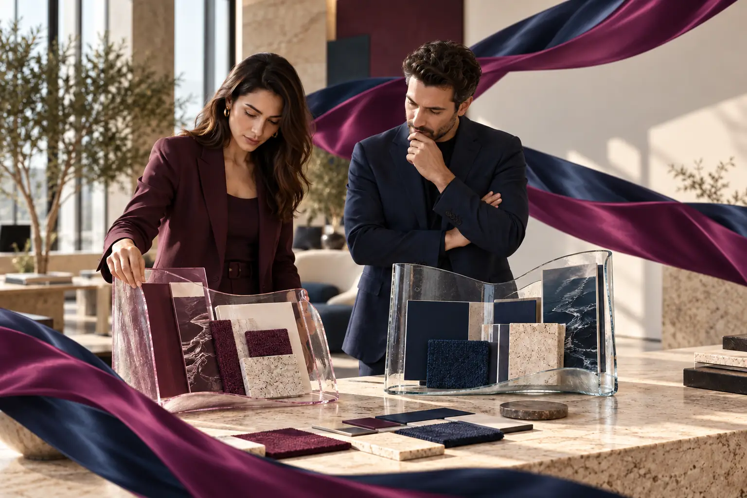 Two strategists evaluate glass portfolios beside a broad flowing plum-and-navy fabric ribbon flowing across a stone table.