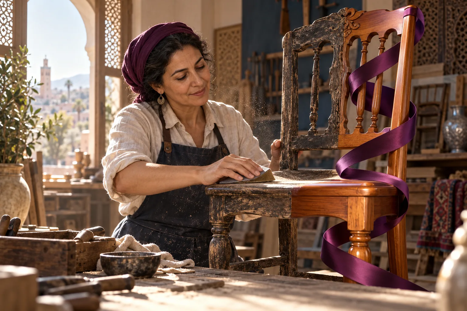 A furniture restorer renews an existing chair in her sunlit workshop.