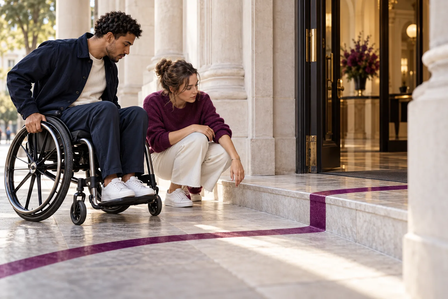 A visitor and designer examine a small obstacle at a building entrance.