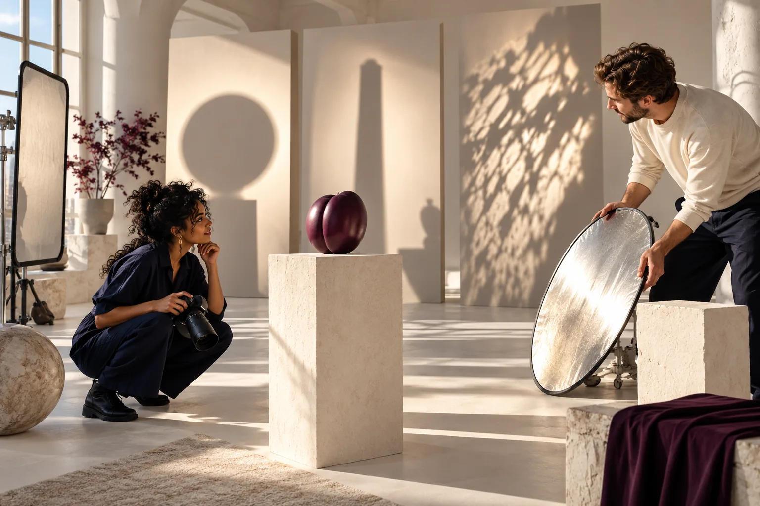 Two creatives compare different light and shadow approaches around one sculpture.
