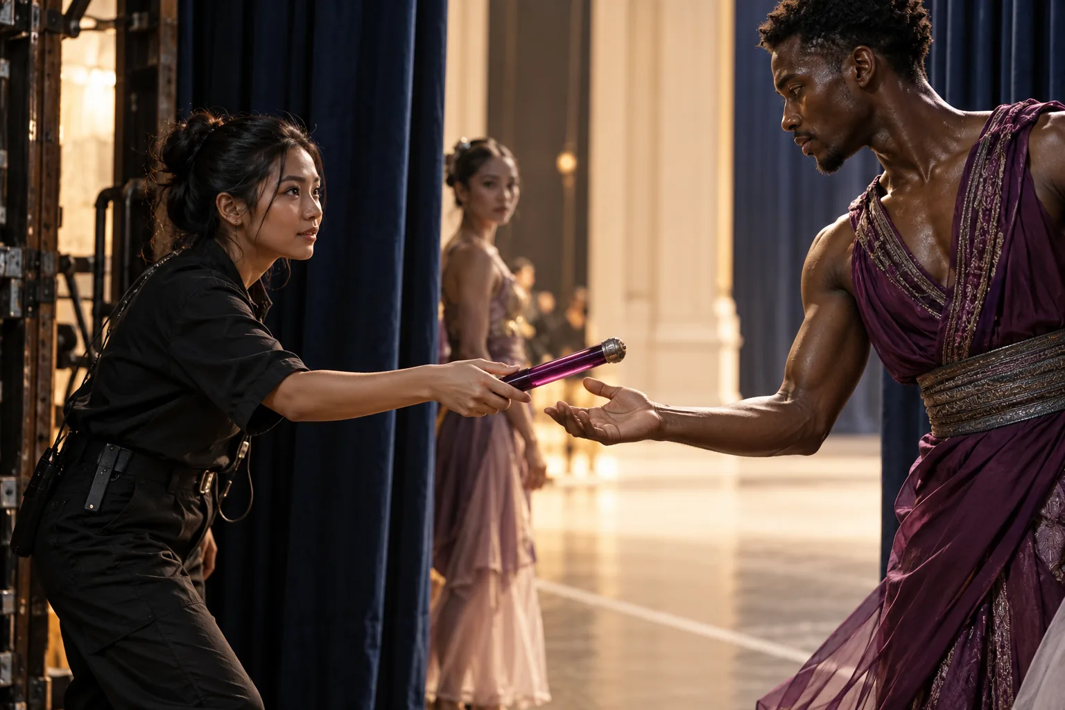 A stage manager and dancer make a careful handover backstage.