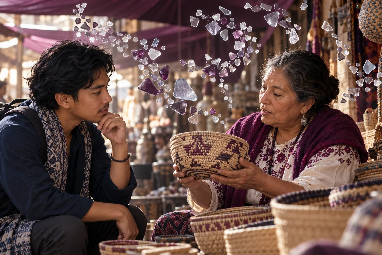 A researcher listens to a shopkeeper as glass fragments form patterns around them.