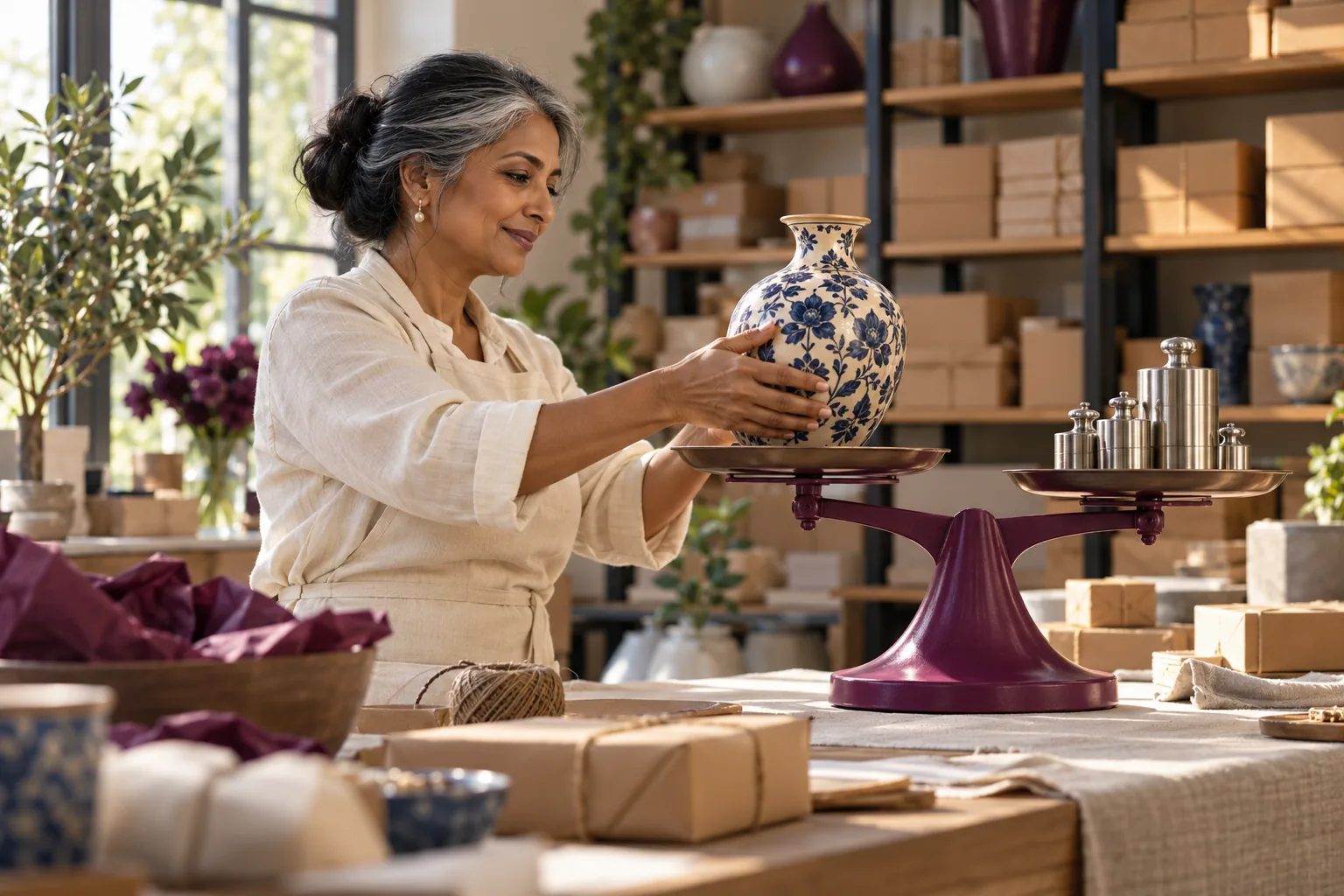 A shop owner weighs a handcrafted product against silver weights.