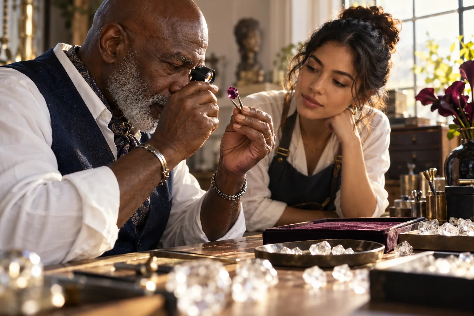 A jeweller examines one promising gemstone among many rough stones.