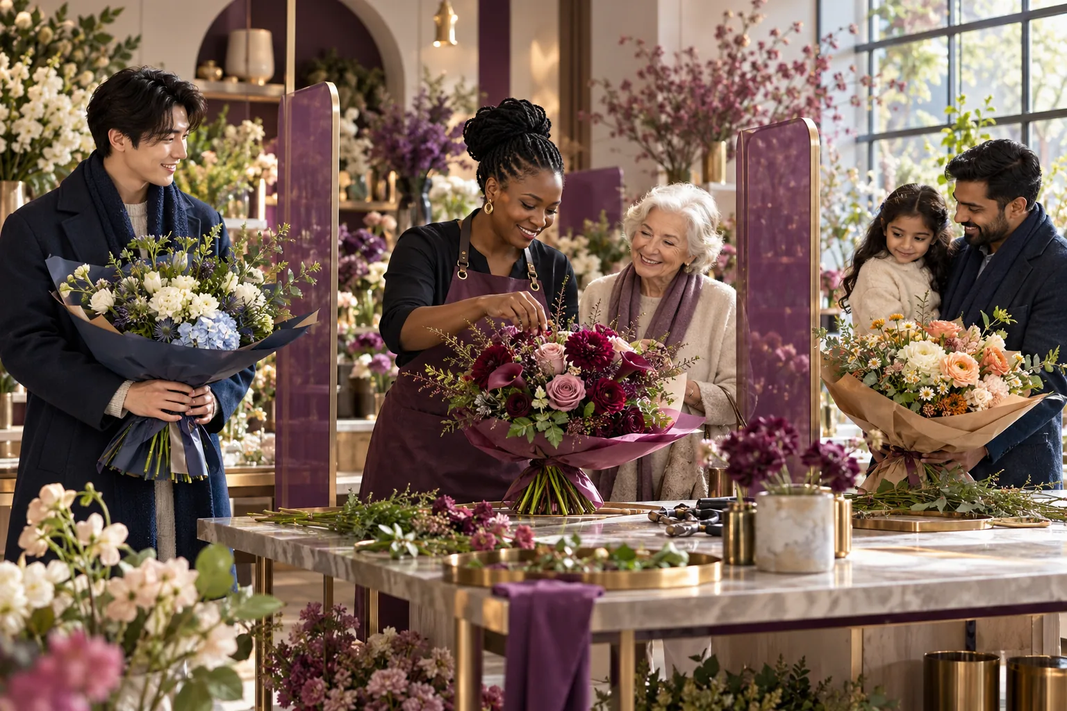 A florist prepares distinct bouquets suited to different customers.