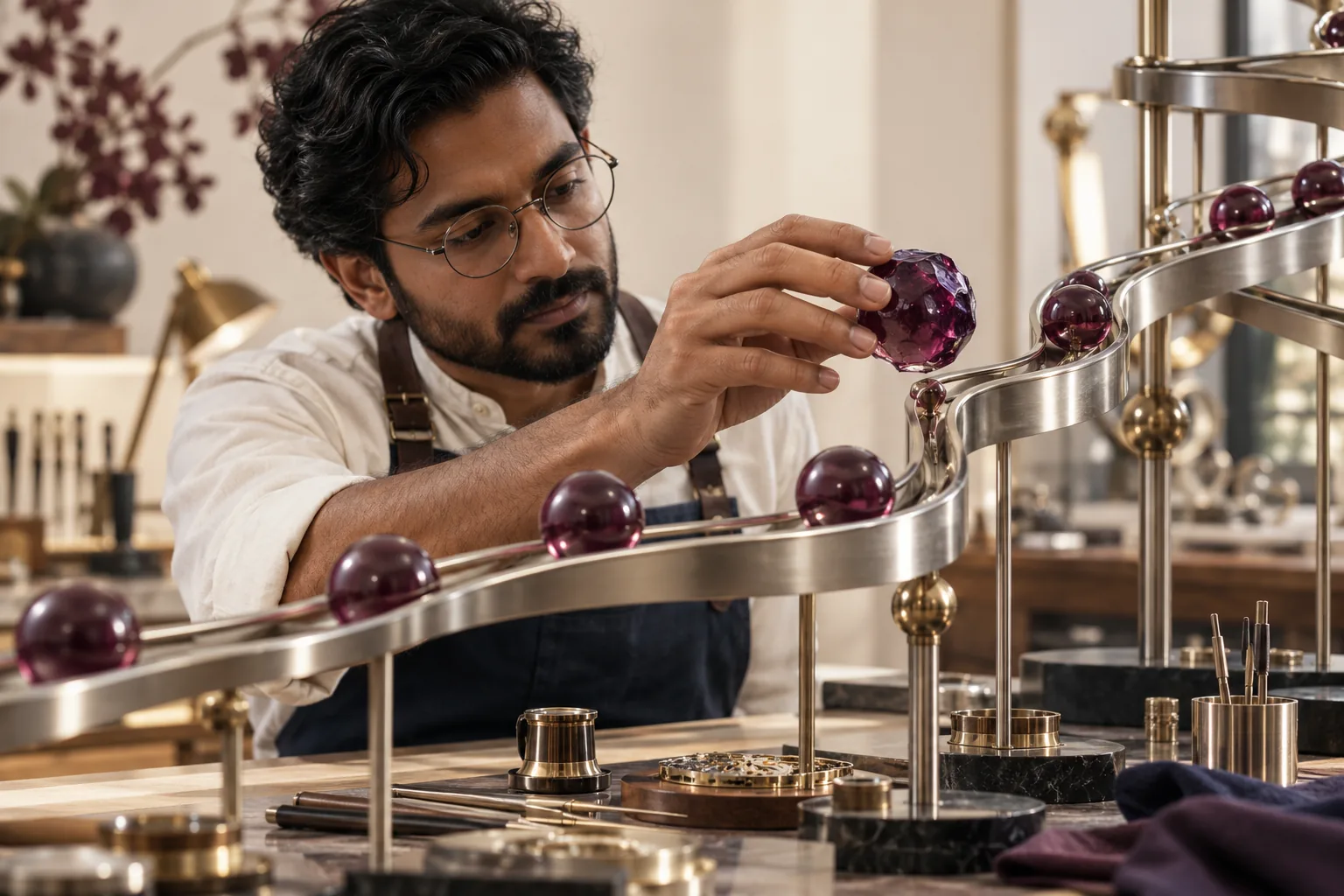 A watchmaker intercepts an unusual sphere in a flowing kinetic mechanism.