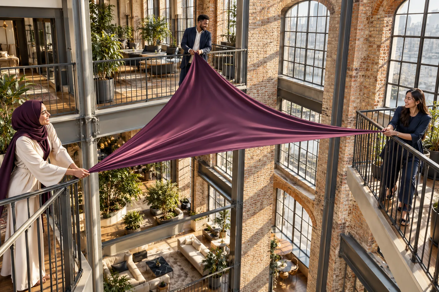 Three collaborators connect separate balconies with one sculptural ribbon.