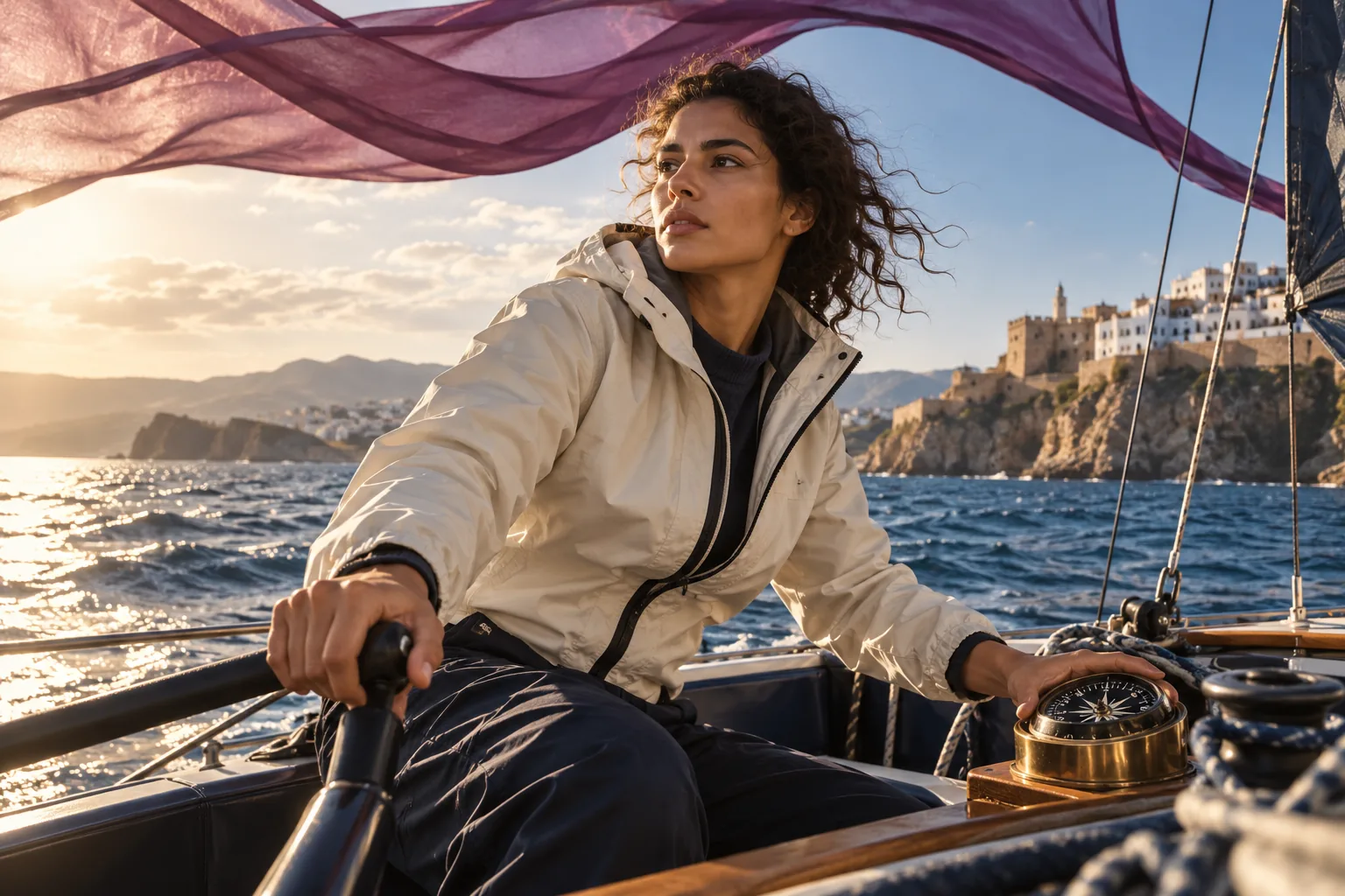 A sailor adjusts her course after checking a compass.