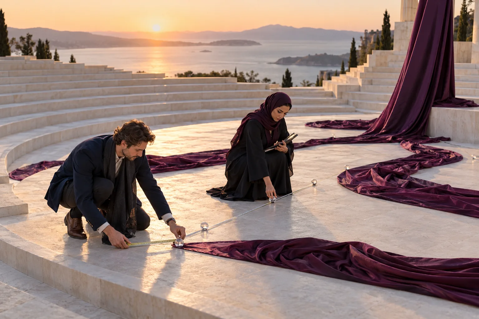 Two planners measure an empty amphitheatre before installing a sculpture.