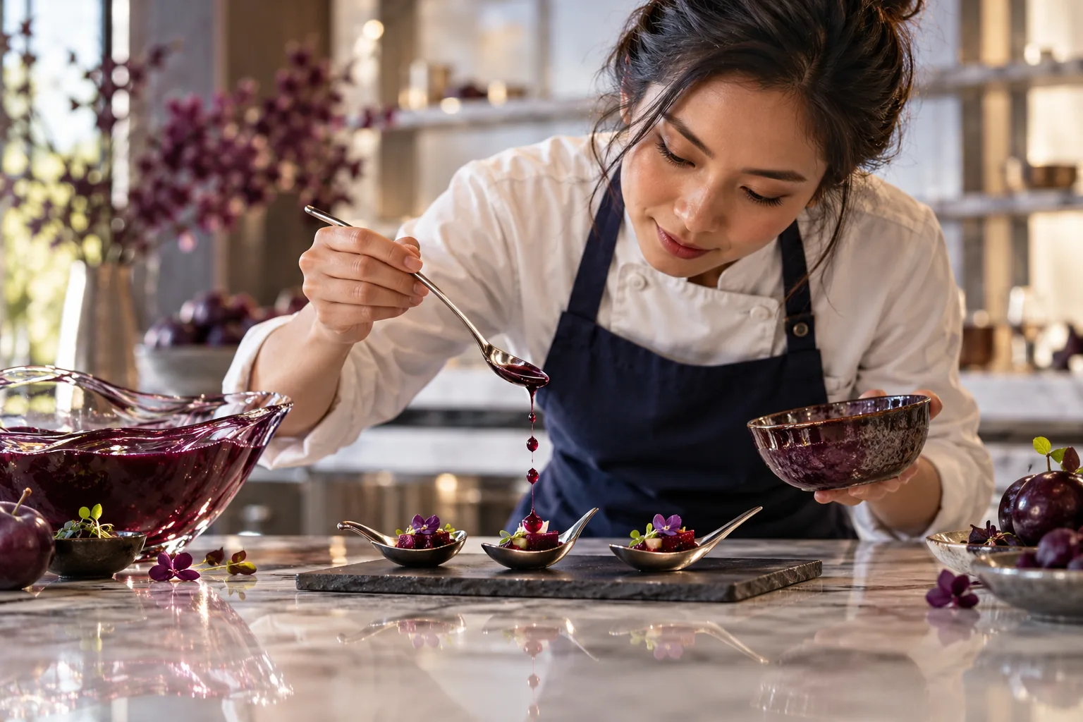 A chef compares three small tasting portions before committing to a larger dish.