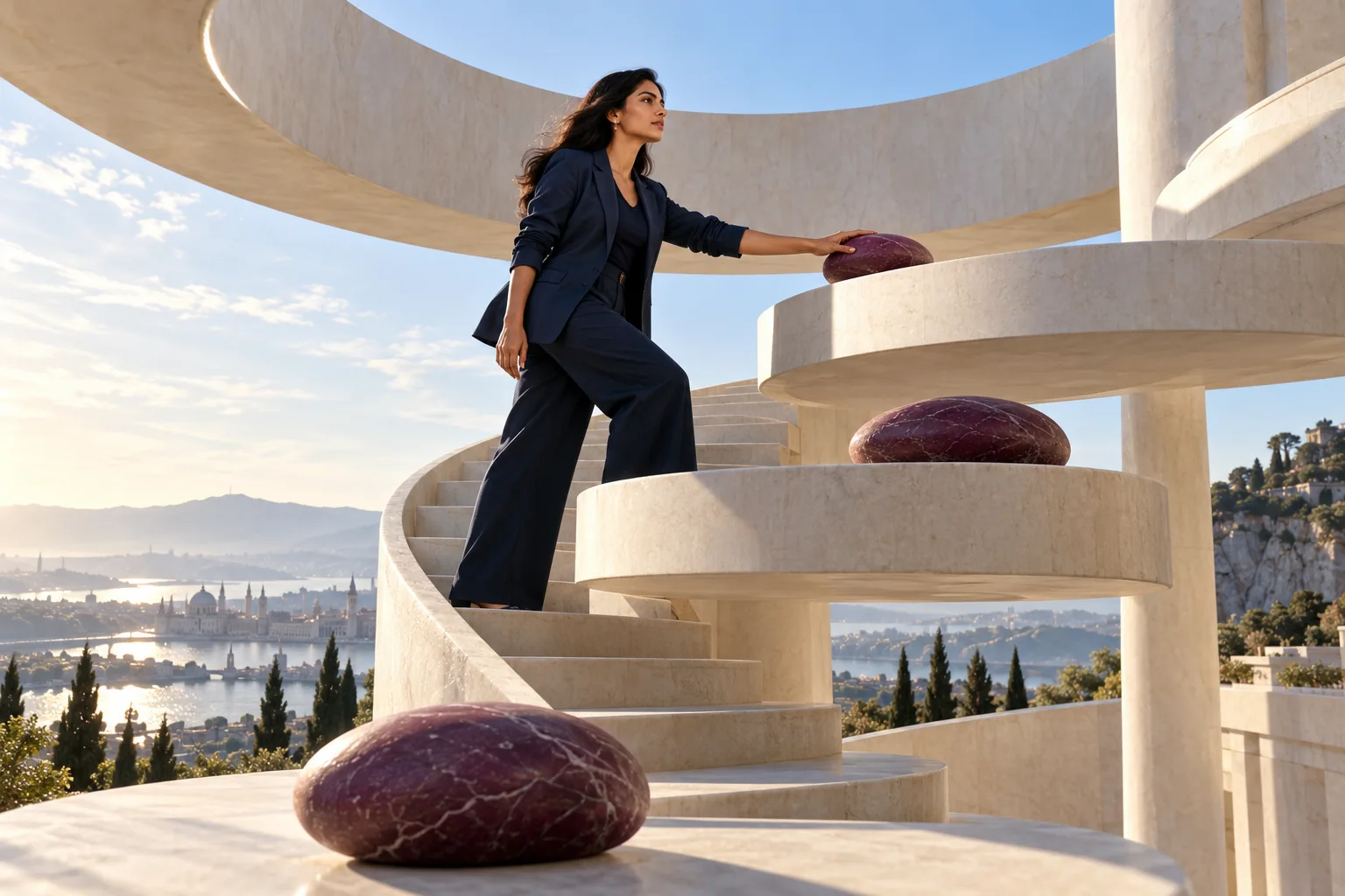 A woman chooses her next step on a sculptural staircase with three landings.