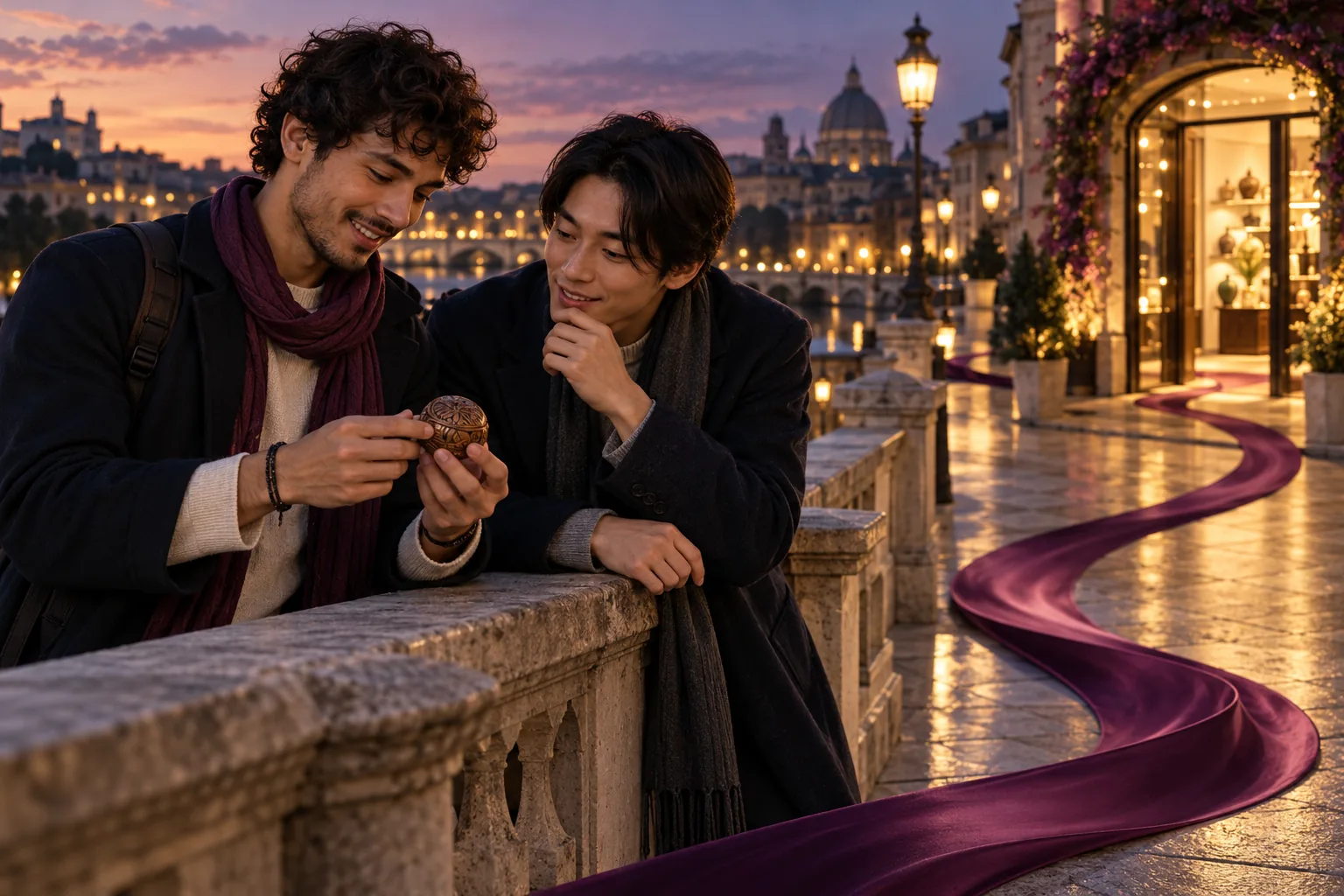 Friends share a discovery on a footbridge leading toward a neighbourhood shop.