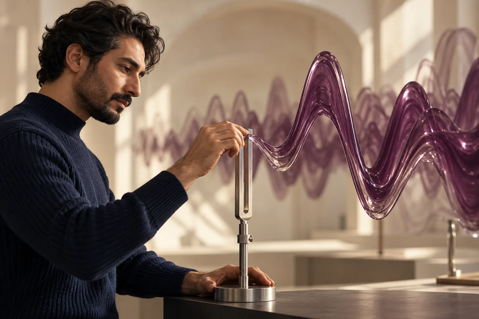 A technician isolates a clear strand from a sculptural sound wave.