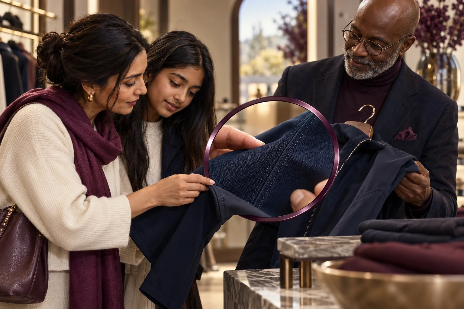 A family inspects a jacket's construction with help from a shopkeeper.