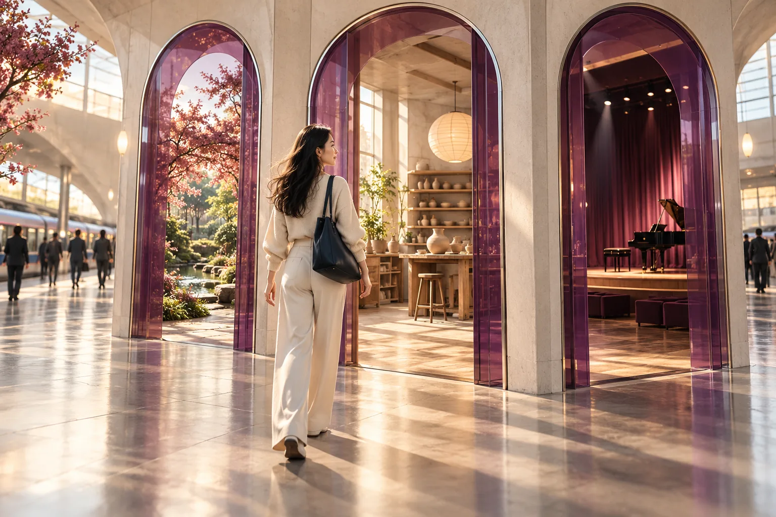 A commuter chooses a doorway suited to her destination.