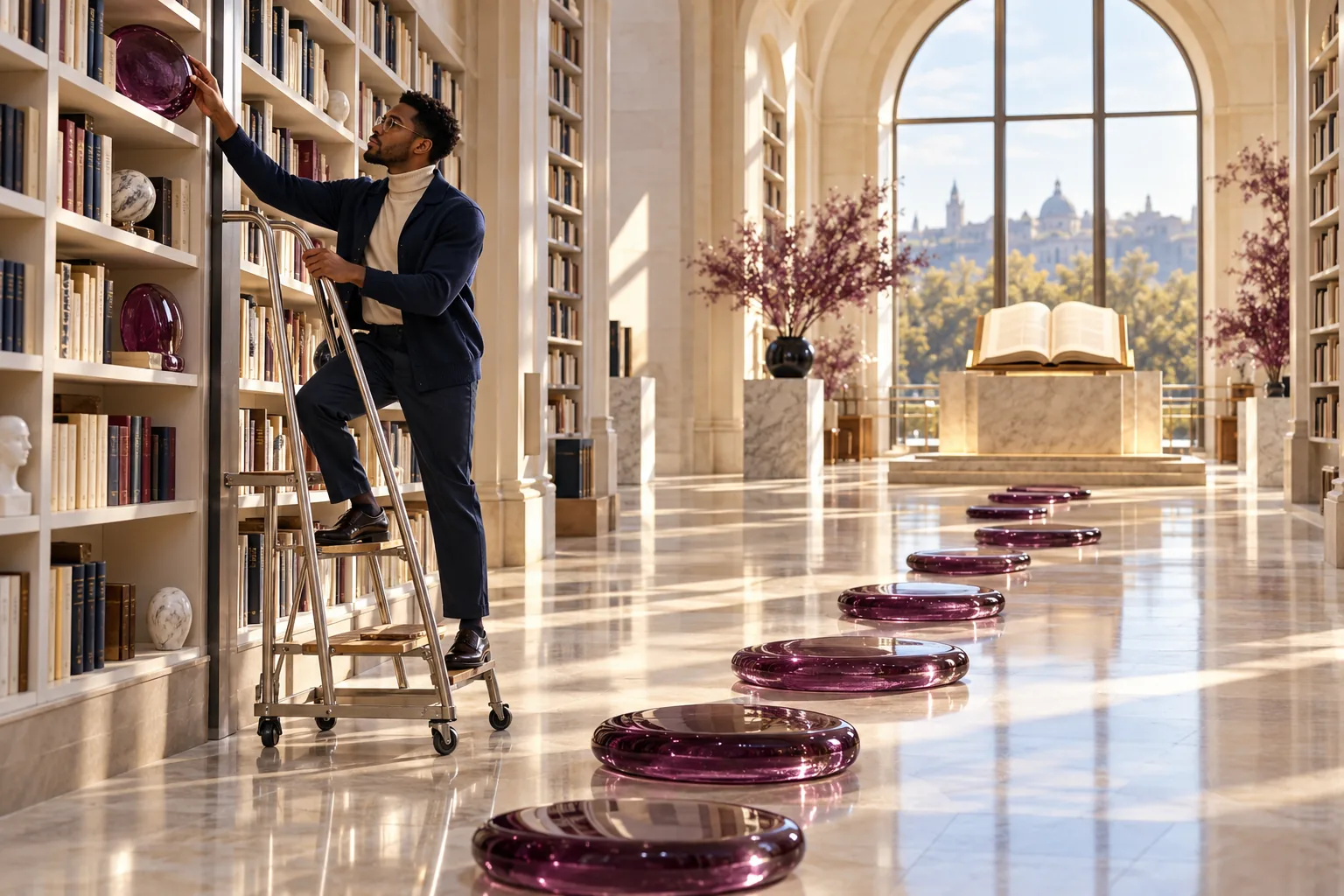 A librarian creates a clear sculptural path through a bright library.