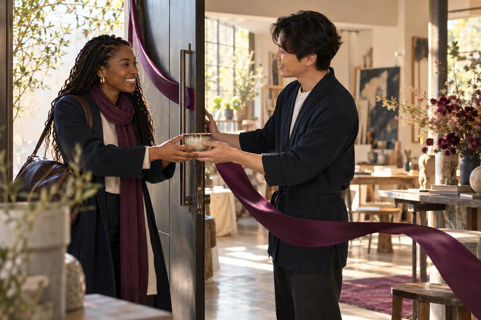 A host welcomes a new arrival with a ceramic cup at an open doorway.