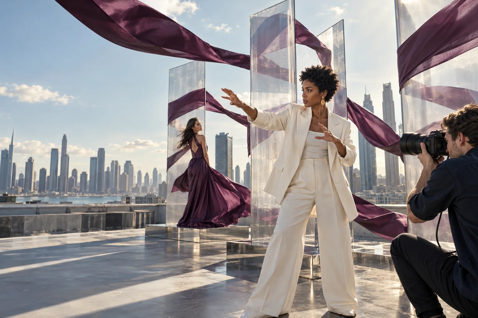 An art director and photographer developing a campaign on a city rooftop