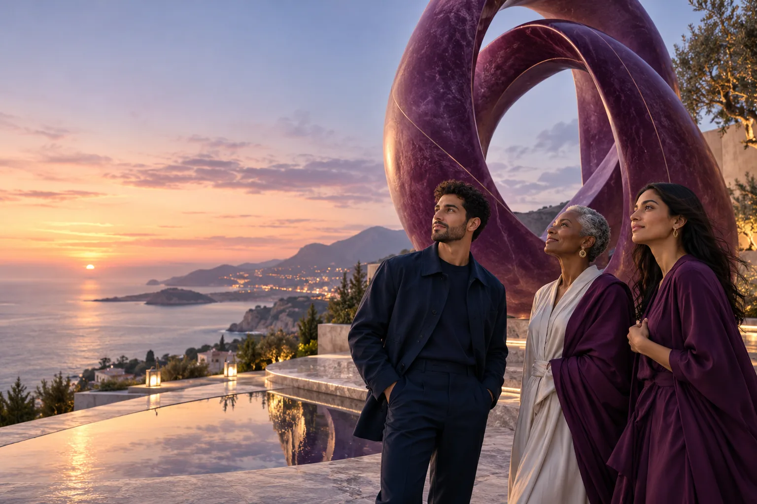 Three diverse people: a young Arab man in contemporary navy jacket, an older Black woman and a South Asian woman viewing a monumental connective plum sculpture at dusk on a spacious coastal terrace, sense of shared belief and thoughtful ambition.