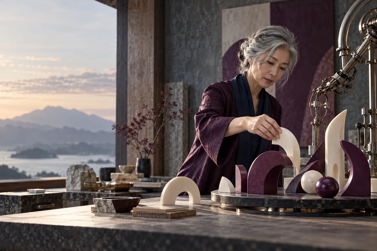 An older East Asian woman with elegant gray hair reviewing by hand an abstract machine's proposed arrangements of ivory and plum sculptural pieces. She deliberately moves one piece to improve it. Human discernment foregrounded, futuristic physical mechanism understated in architectural workshop.