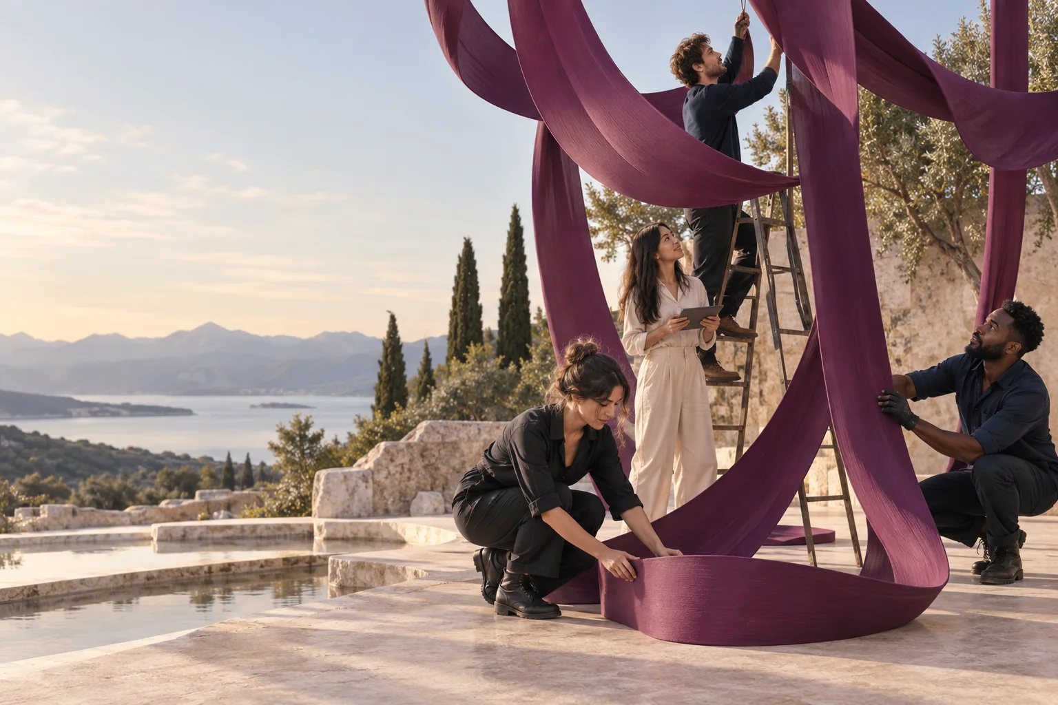 A diverse crew of four contemporary clothed creative workers coordinating a monumental outdoor installation of suspended plum ribbon loops in a pale stone garden, each person contributing a separate meaningful action.