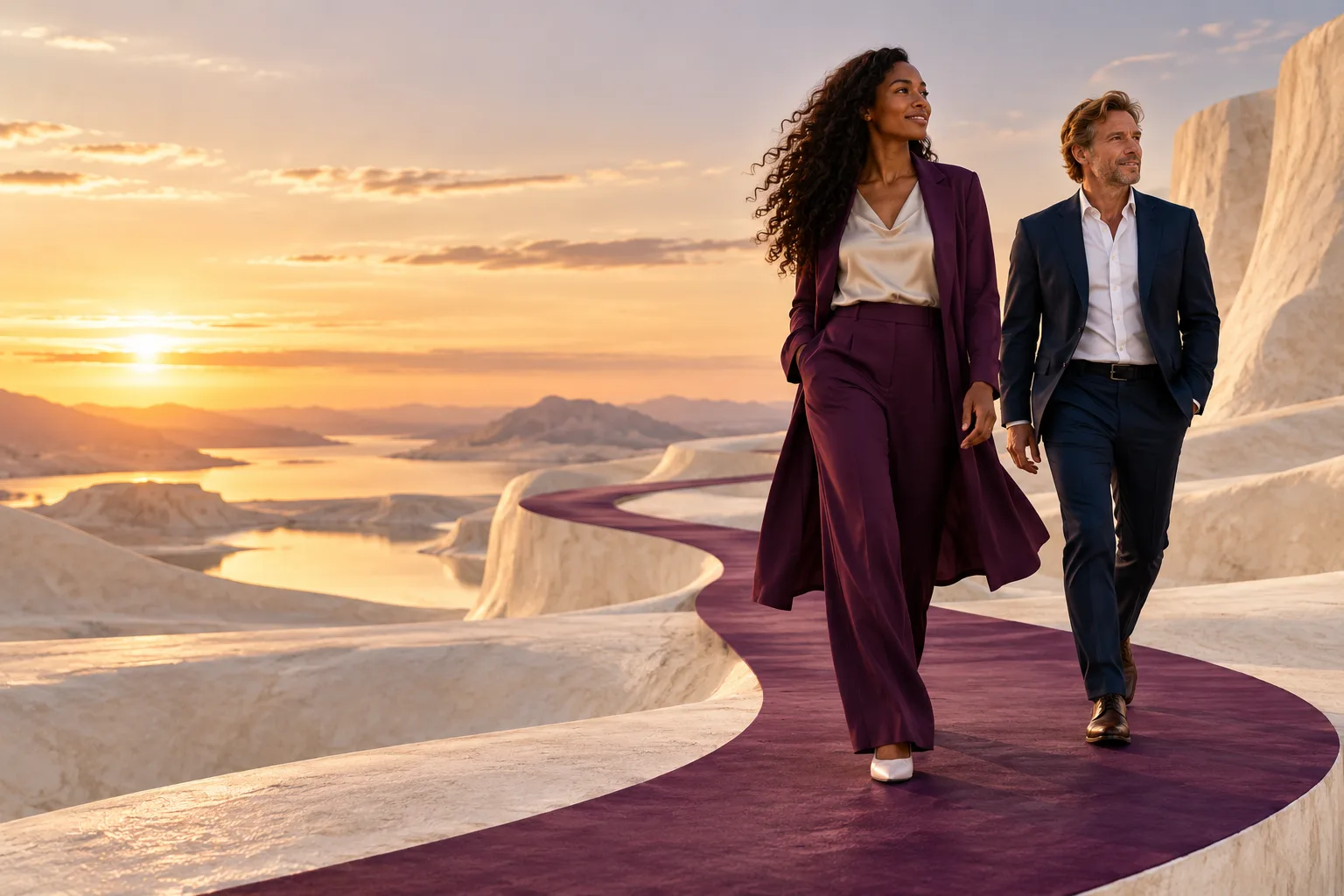 Two different professionals: a tall Black woman with long natural curls and a middle-aged white man with short sandy hair taking a purposeful next step along a sweeping plum ribbon path at sunset across an ivory desert-like sculptural landscape, grounded optimism.