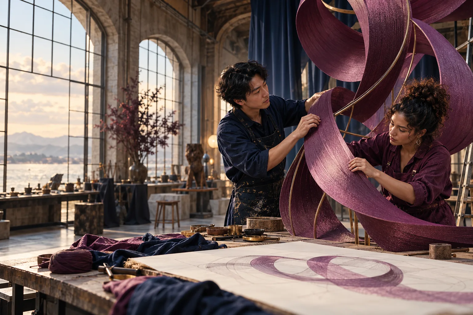 An East Asian male designer and a Latina female craftsperson turning an unlettered concept sketch into a large sculptural plum ribbon installation, working with tactile materials in a beautiful industrial art workshop.