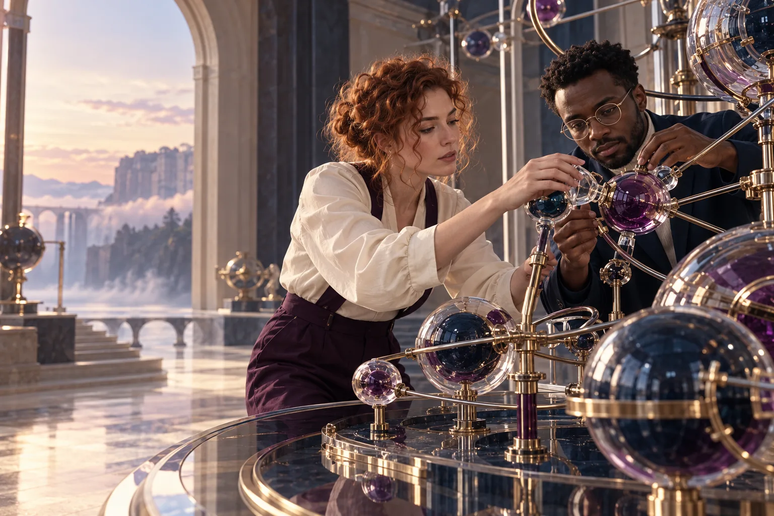 Two distinct engineers: a Caucasian woman with auburn curly hair and a Black man with round glasses carefully fixing a broken connection in an extraordinary physical glass mechanism with navy and plum nodes, dramatic clean architectural laboratory.