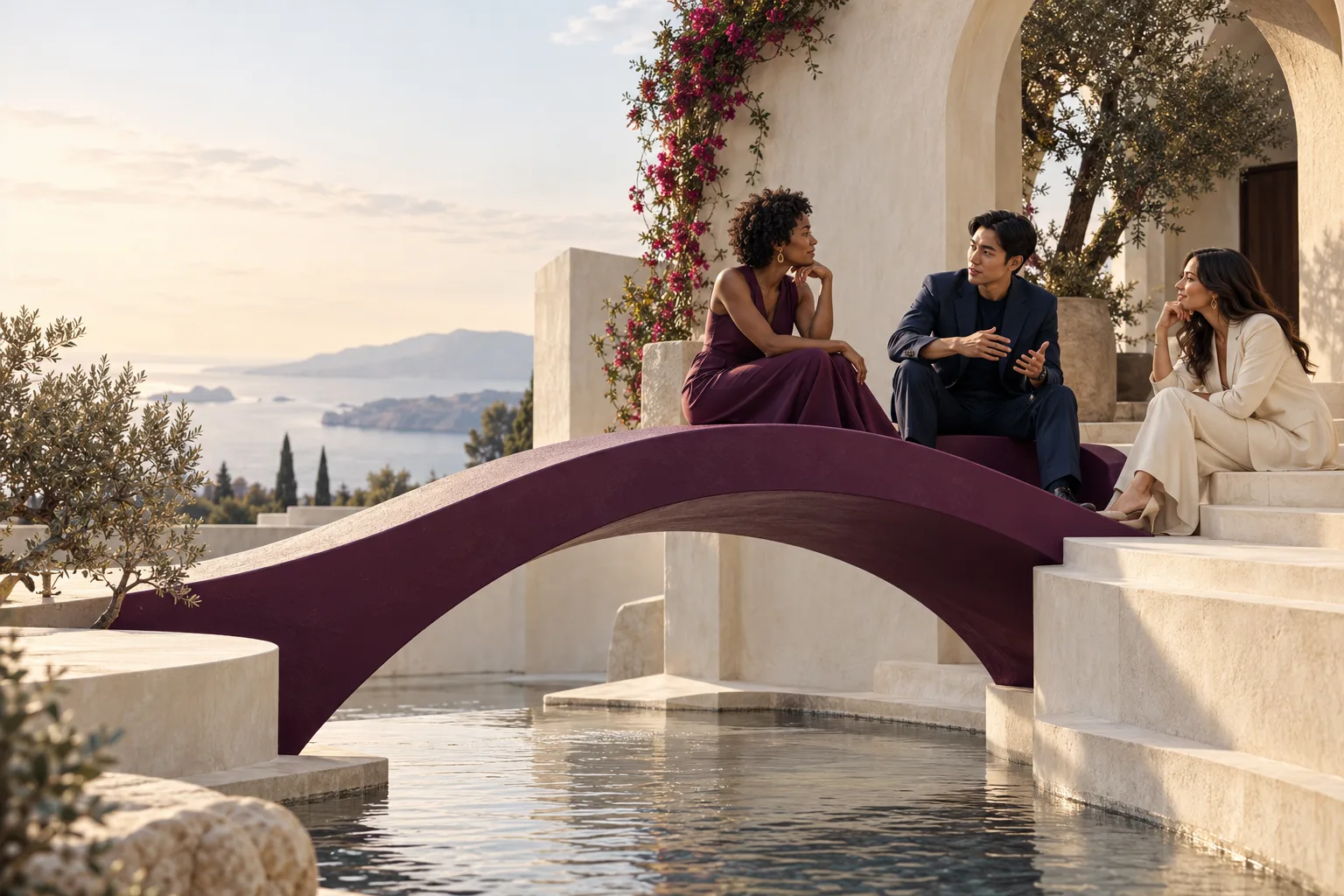 Multicultural people exchanging perspectives over a sculptural plum bridge in an ivory courtyard. A Black woman with natural short curls, an East Asian man and a Latina woman in contemporary tailored clothing, animated thoughtful dialogue, bridge sculptural curves physically joining terraces.