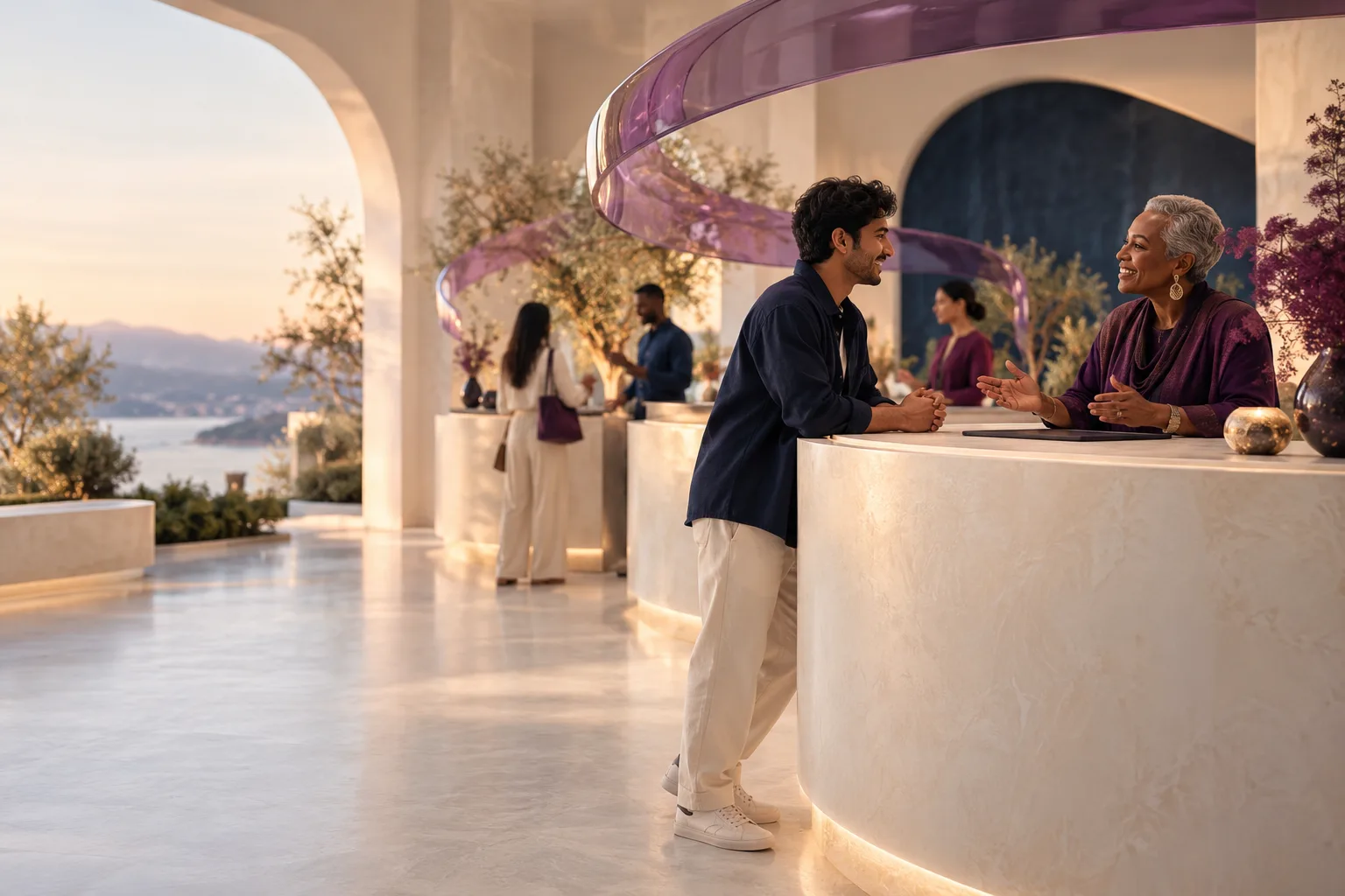 Warm diverse customer and support exchange across a circular ivory counter. A young South Asian male customer and an older Black female advisor, human welcoming gesture, circular translucent plum arcs connecting sequential stations in inviting contemporary space.