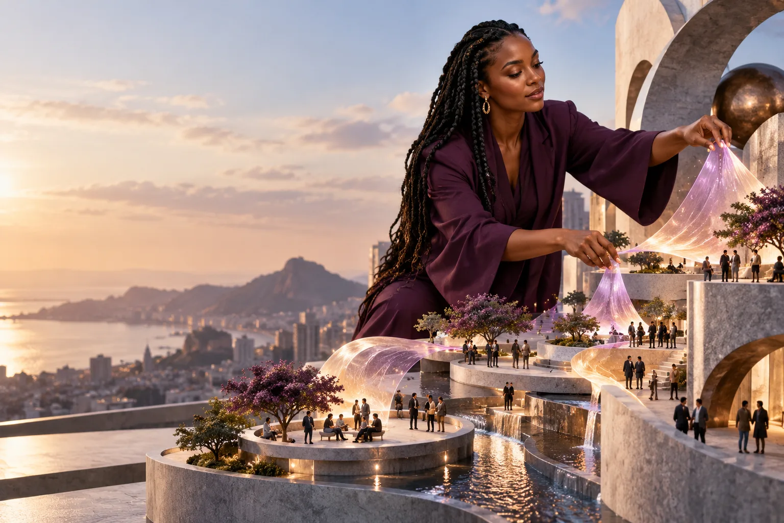 A confident Black female director with long braids distributing elegant translucent message-like abstract forms across a series of miniature urban plazas on an architectural installation, contemporary sculptural outdoor plaza.