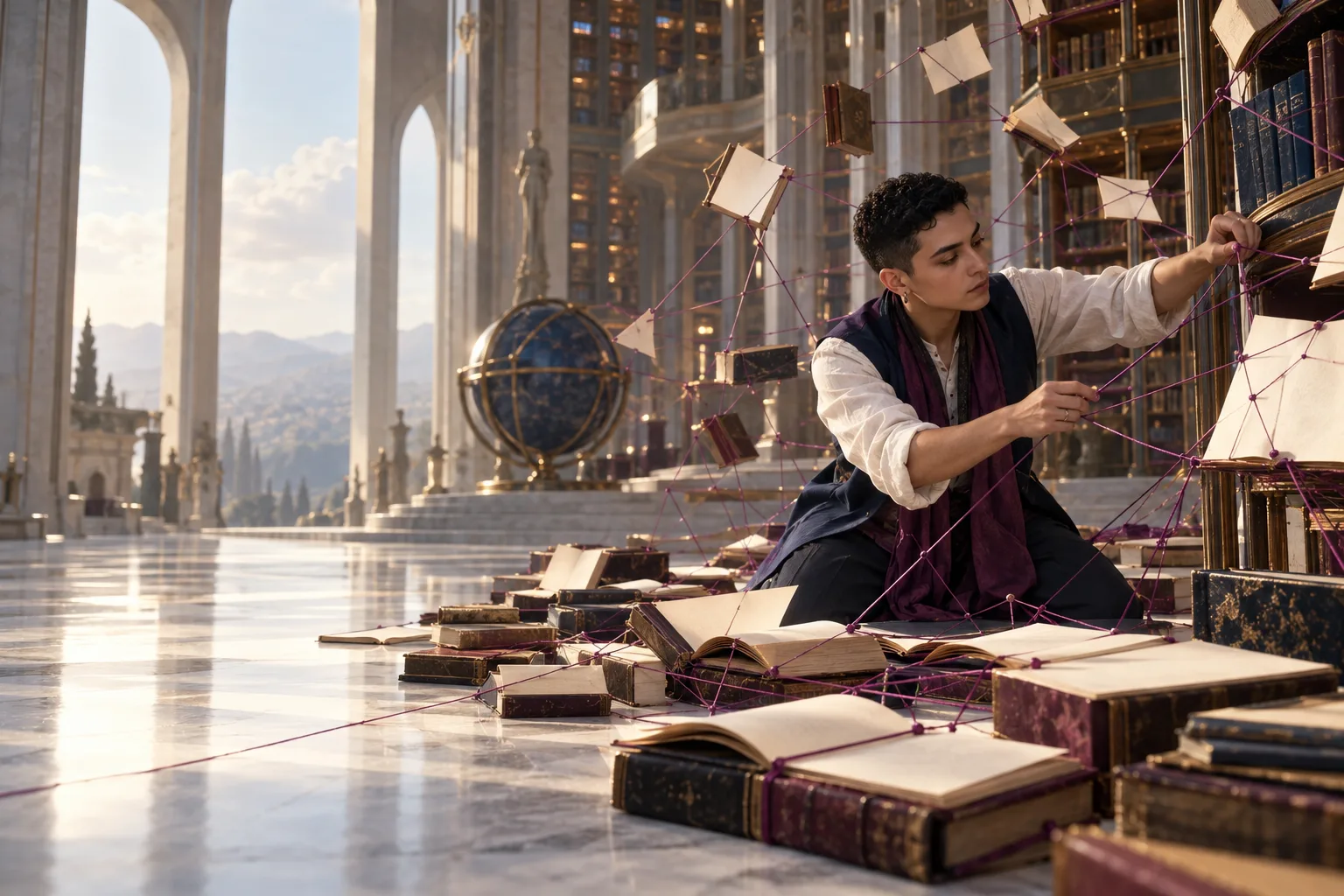 An androgynous Latino researcher with cropped hair connecting scattered library volumes and open unlettered pages with fine plum threads in a monumental contemporary library, evidence becoming discoverable.