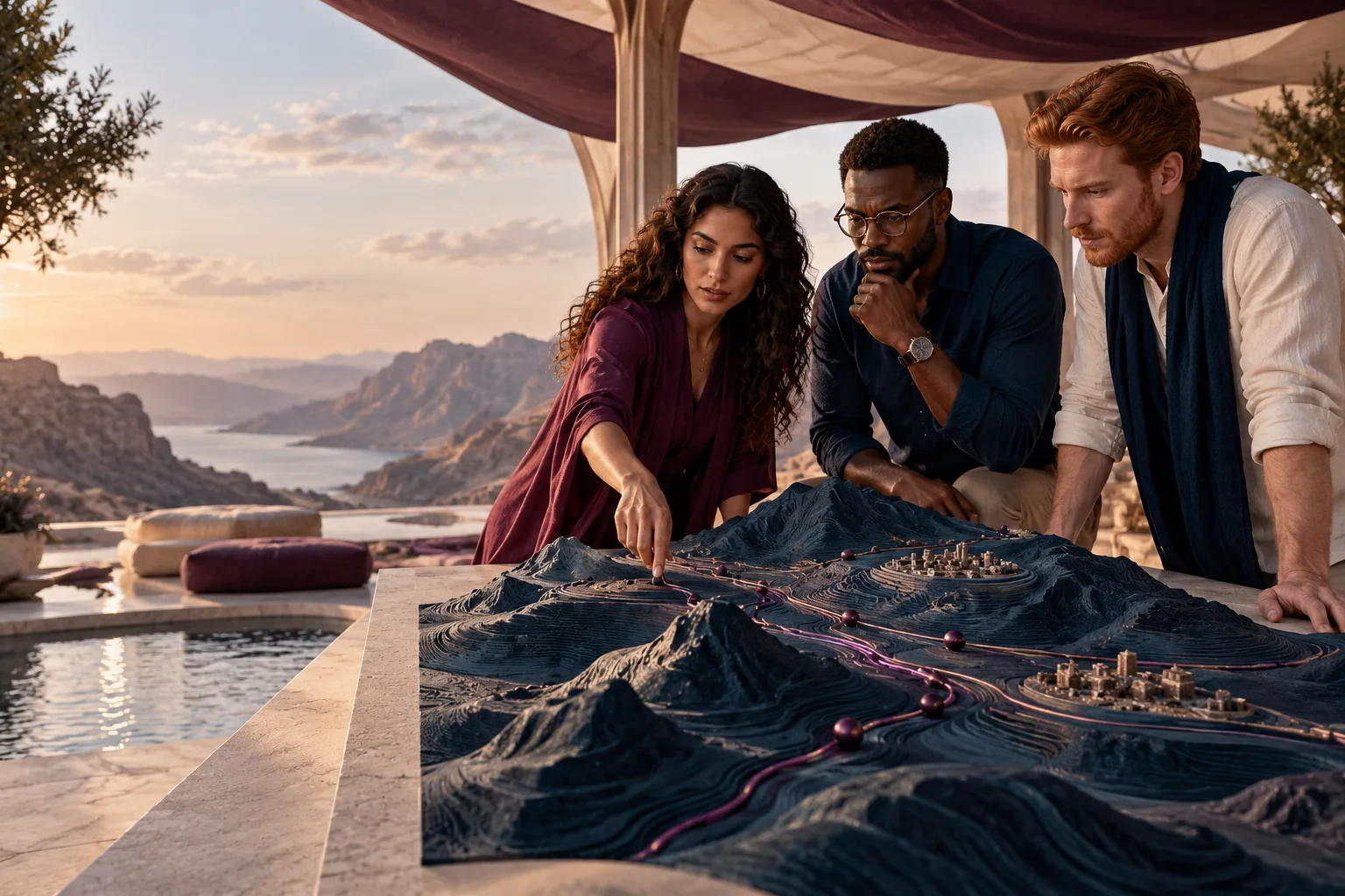 A mixed group of three professionals: Arab woman with uncovered dark curly hair, Black man and Caucasian redheaded man examining a physical sculpted market terrain model, layered navy hills and plum routes, in an open-air pavilion.