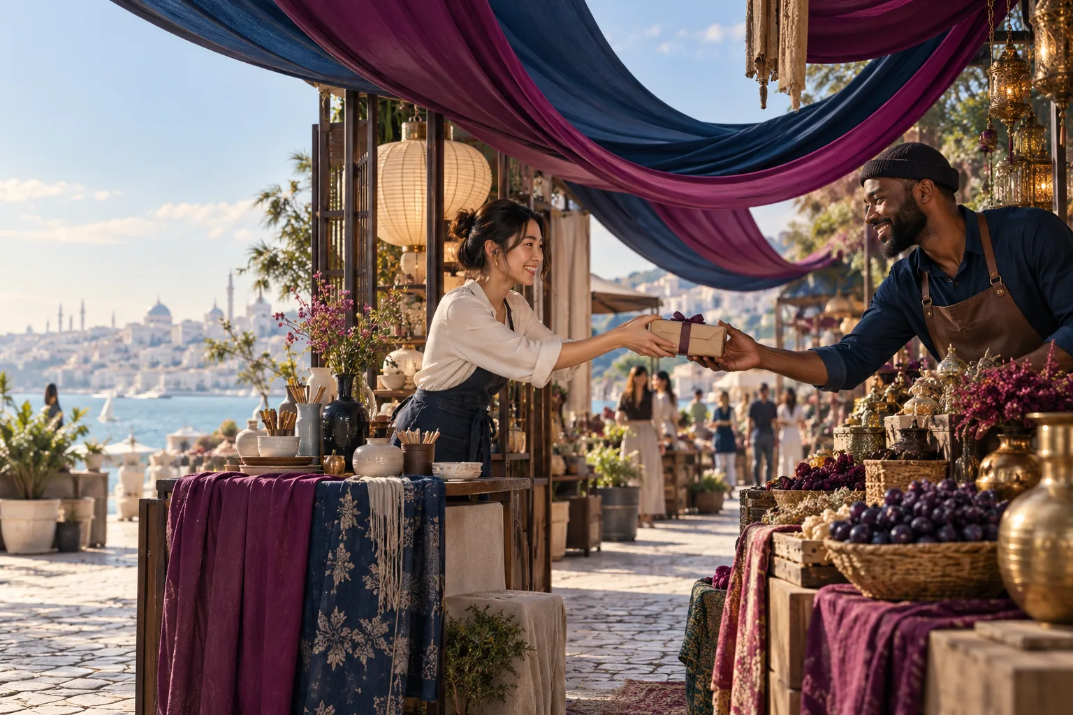 Two independent shopkeepers, one Korean woman and one Black man, exchange a small parcel across separate stalls linked by a sweeping navy and plum silk canopy, lively elegant market.