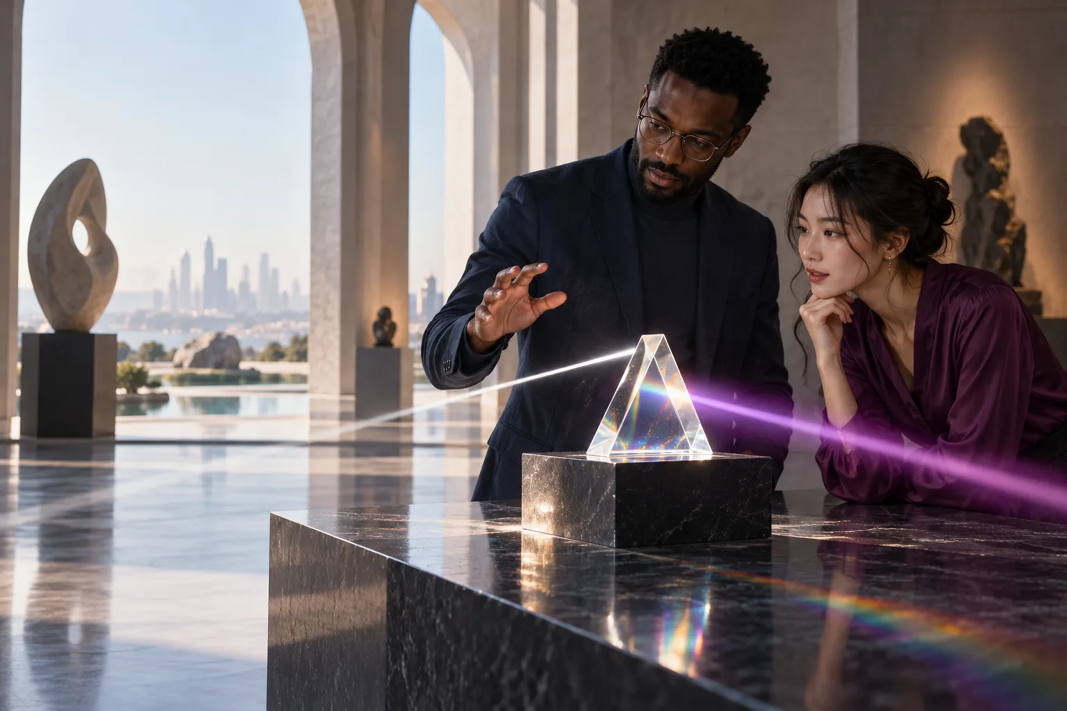 A Black male educator explains one beautifully clear glass prism to a curious East Asian woman in a museum-like room, scattered light resolves into a single precise plum beam.