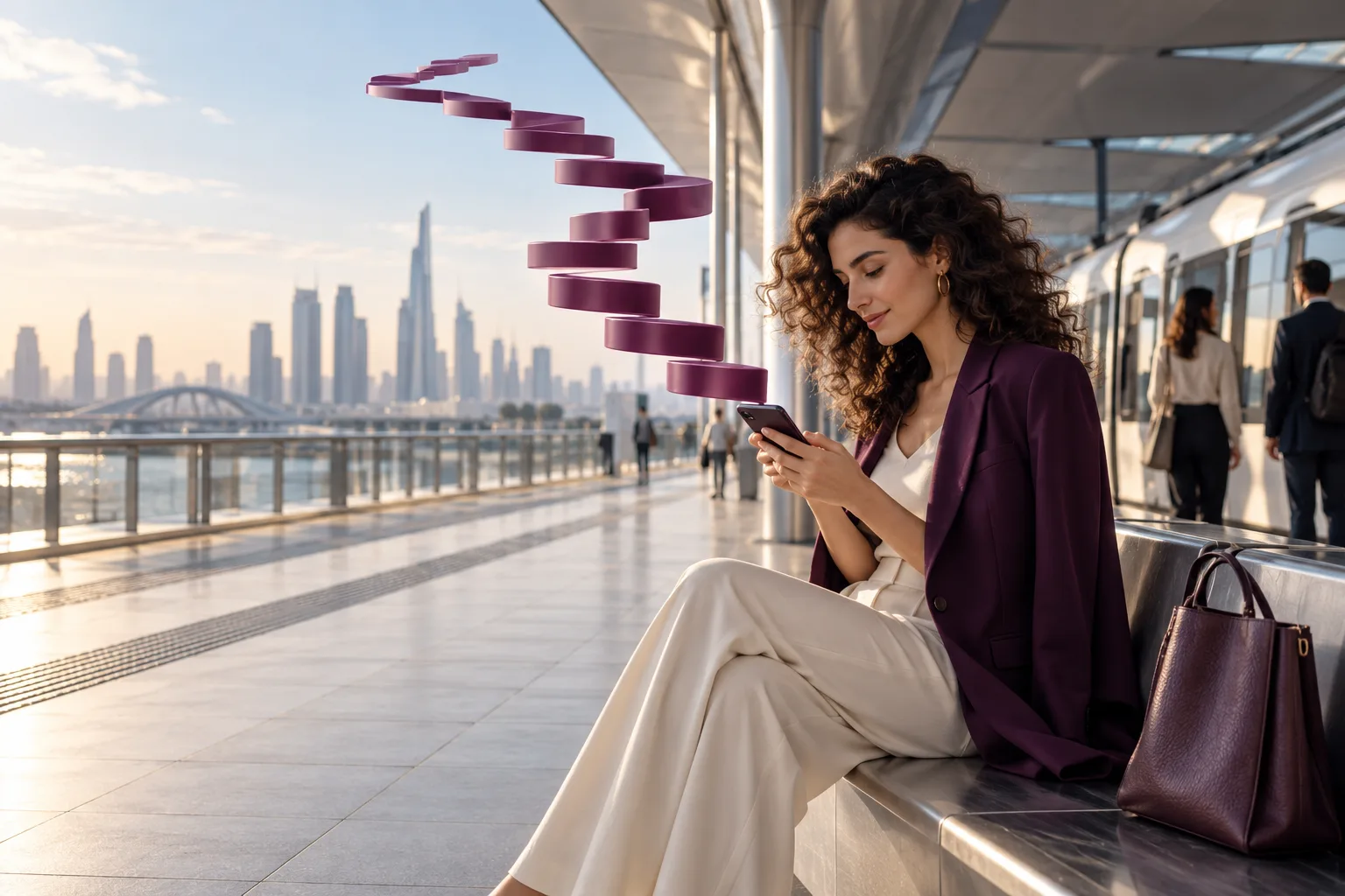 A curly-haired Mediterranean woman uses an unbranded phone while waiting on an airy contemporary train platform, small plum sculptural steps seem to emerge from the phone toward the station.