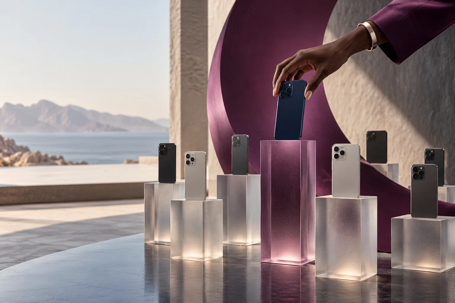 Close view of a stylish dark-skinned hand lifting one beautiful unbranded navy smartphone from an array of frosted glass vertical plinths, sculptural plum spotlight framing the chosen device, gallery setting.