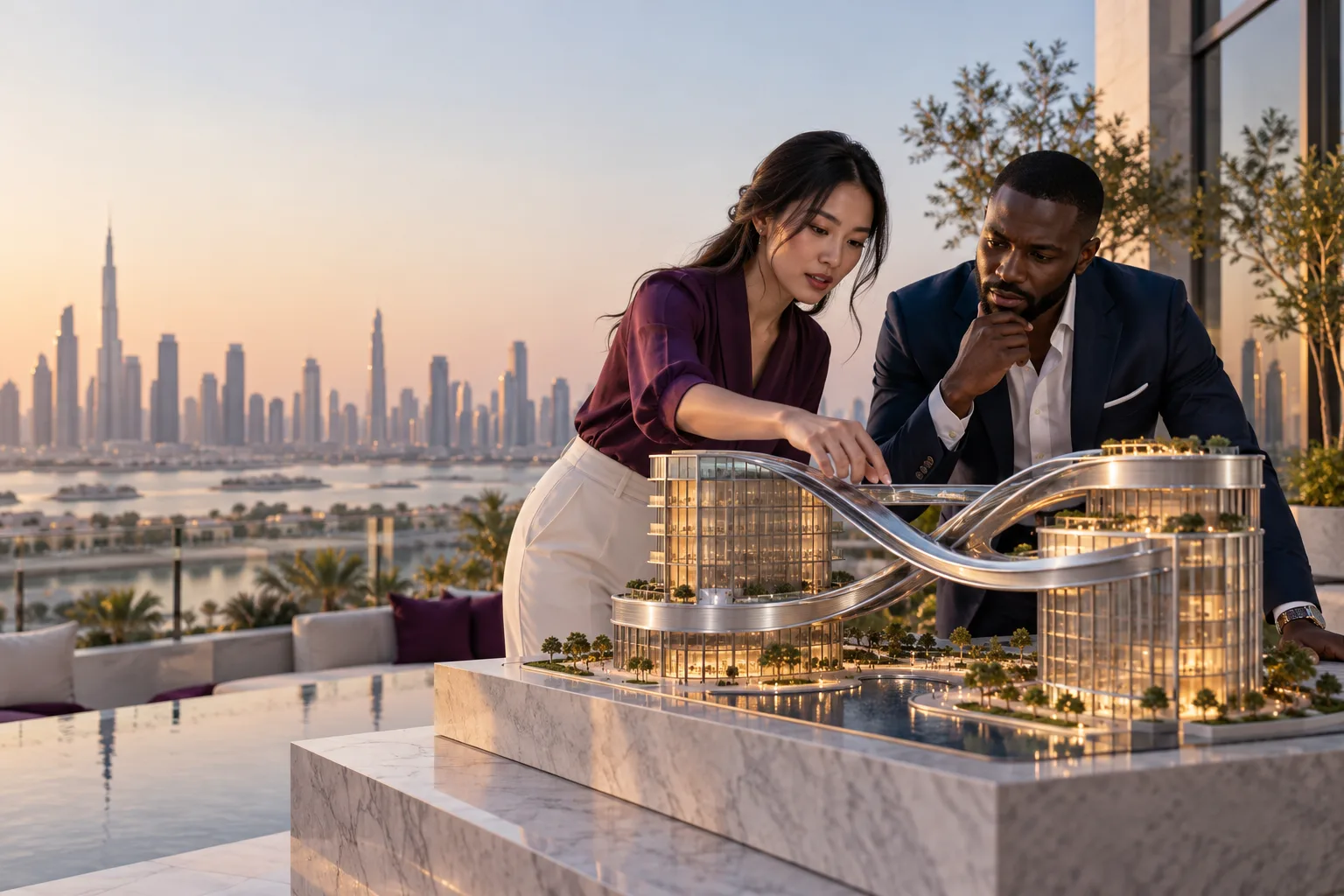 A Japanese woman engineer and a Nigerian man business owner study a beautiful physical architectural model on a rooftop terrace, distinct interlocking metal structures connect two buildings.