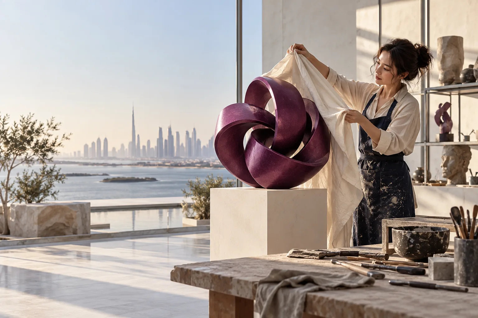A Japanese female sculptor in a bright atelier unveils one bold unique plum sculptural knot on an ivory pedestal, surrounding raw clay and metal tools, distinct identity made tangible.