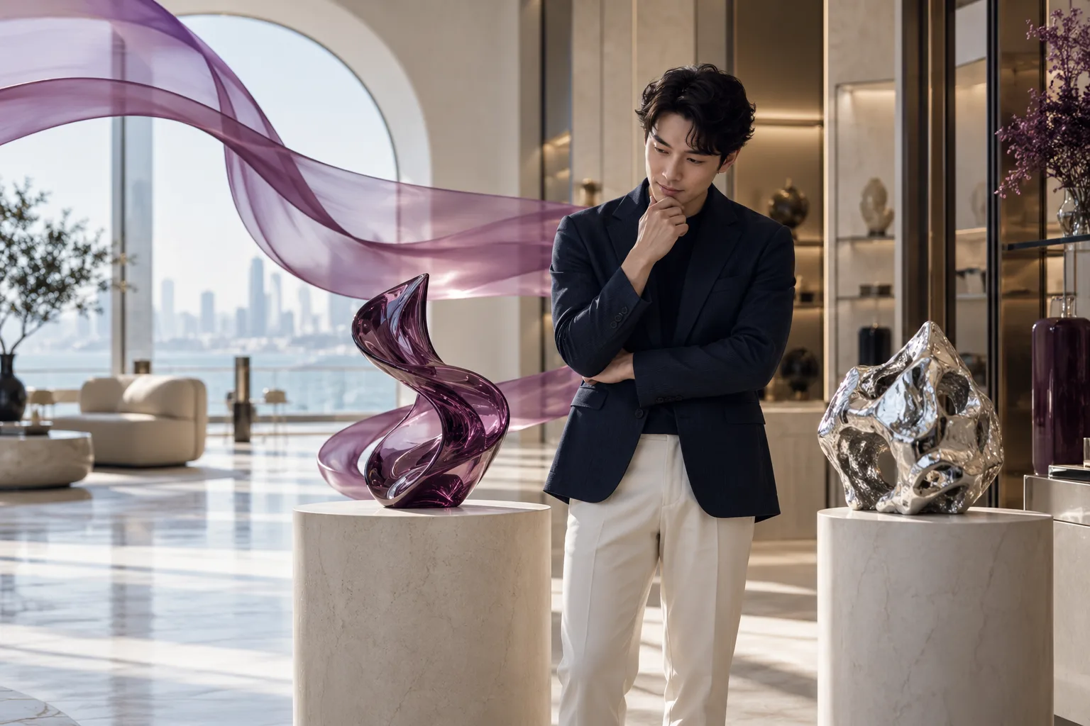 An East Asian man in a real contemporary boutique considers two sculptural objects on ivory pedestals while a translucent plum ribbon gently reveals his chosen route, candid shopping moment.