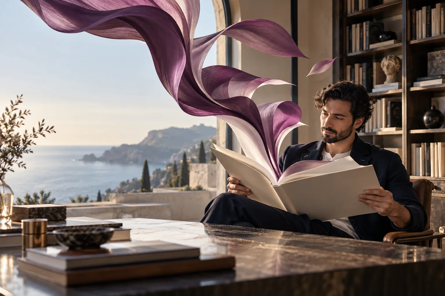 A bearded Mediterranean writer in an airy library opens a large unmarked ivory book whose blank pages become delicate sculptural plum folds in the air, thoughtful storytelling.